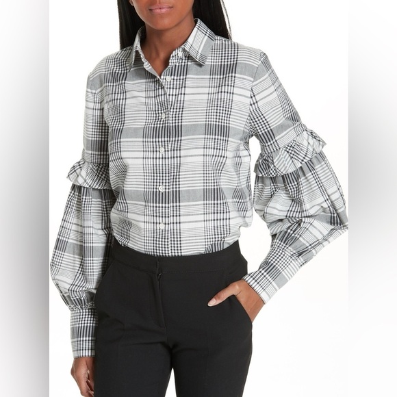 Robert Rodriguez Pauline Black and White Plaid Button Down Balloon Sleeve Top - Picture 3 of 6